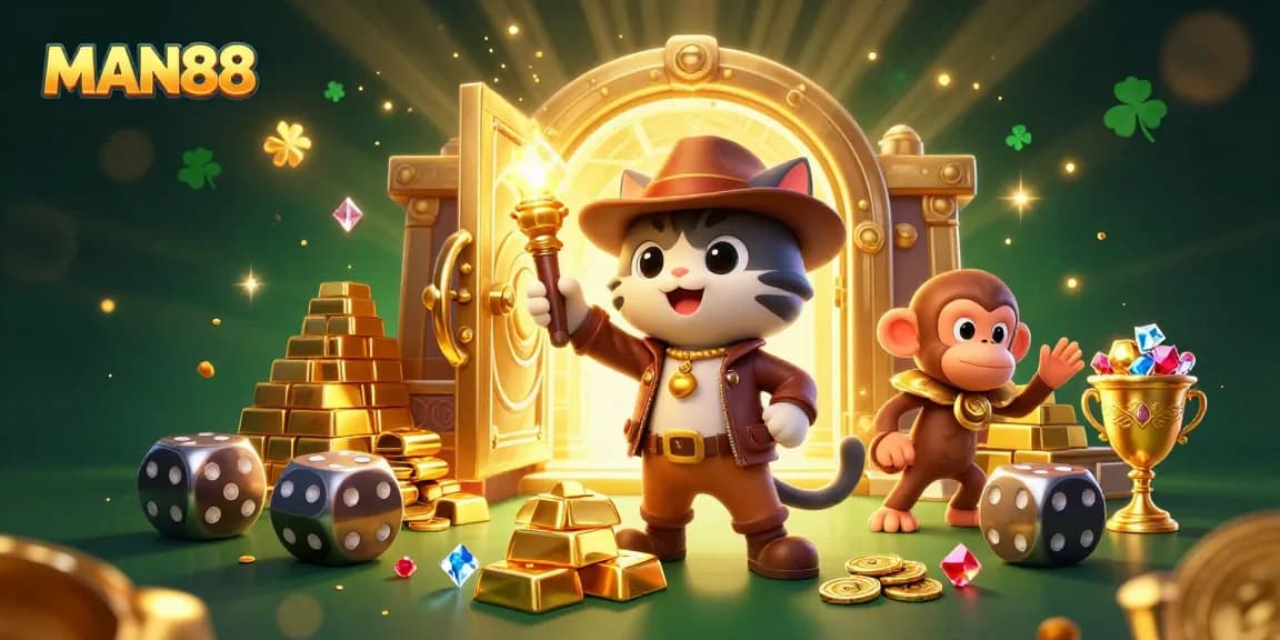 Engage with MAN88's thrilling casino adventure featuring a charming explorer and treasures.
