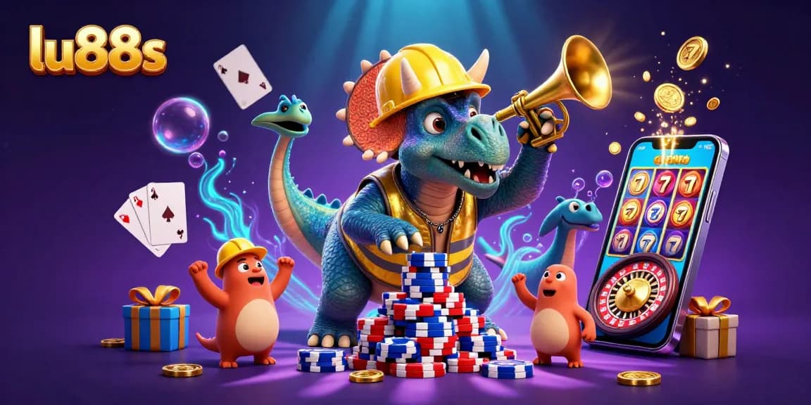 Experience the excitement of online slots with lu88s featuring a triceratops building poker chip pyramids.