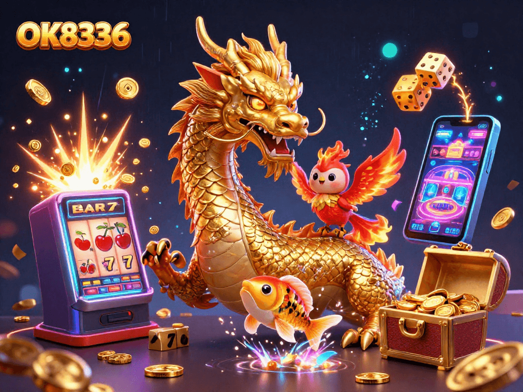 Experience the excitement of OK8336 with a golden dragon and vibrant casino elements in a dazzling 3D scene.