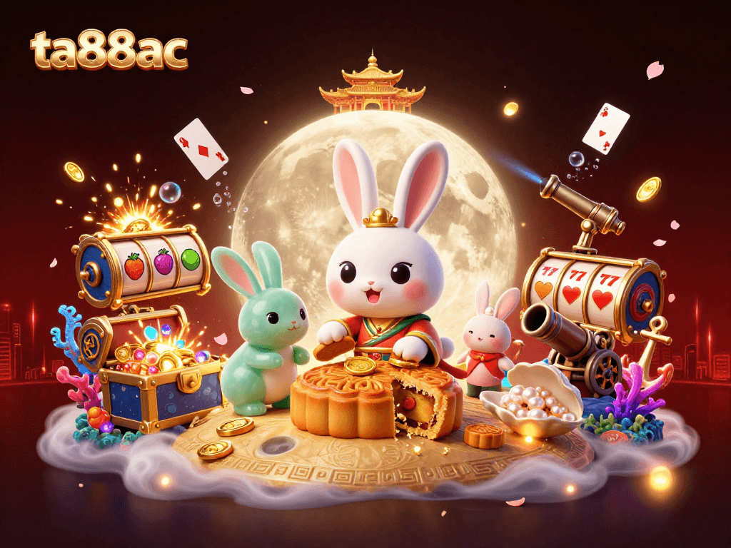 Engage with ta88ac's vibrant gaming world showcasing a whimsical moon rabbit and exciting slot elements.