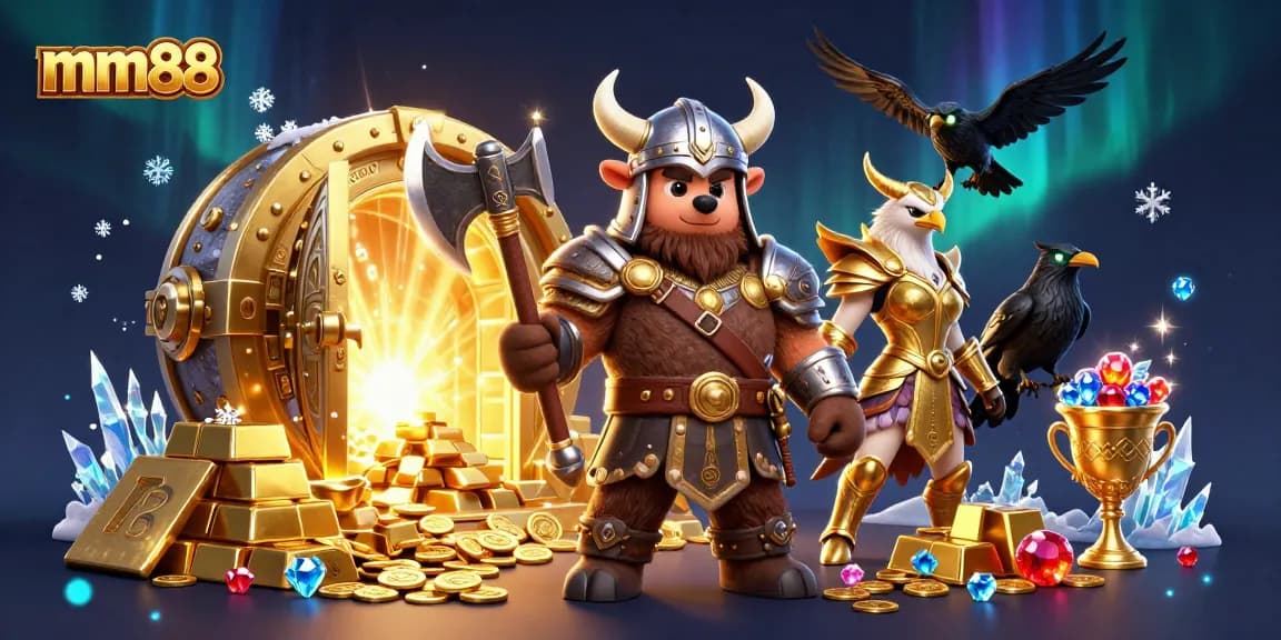 Experience thrilling gameplay at mm88 with Viking characters amidst treasure-rich casino elements.
