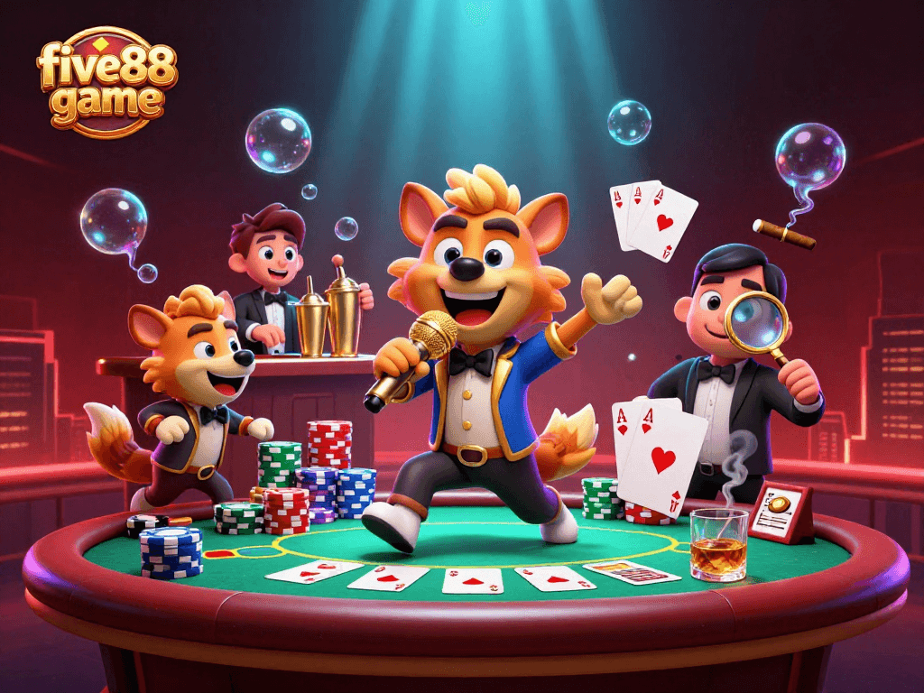 Experience the vibrant five88 game atmosphere with cartoon hyenas in a lively casino setting.