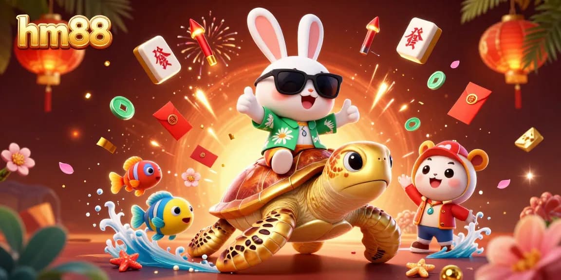 Experience the excitement at hm88 with a lucky rabbit and golden turtle amidst dynamic casino elements.
