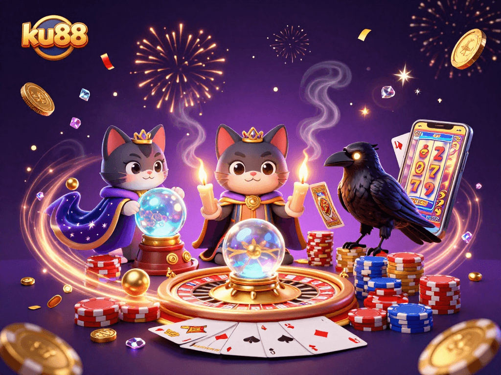 ku88 showcases an immersive casino scene with a mystic cat and a raven amid gold coins and a roulette wheel.