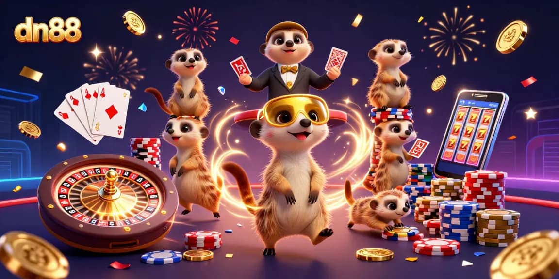Experience thrilling gaming action at dn88 casino with playful meerkats in vibrant 3D illustration.