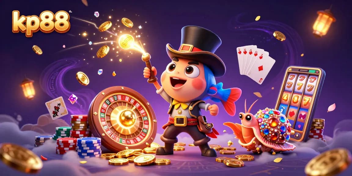 Engage with kp88's casino games and thrilling promotions amidst animated treasures and vibrant illustrations.