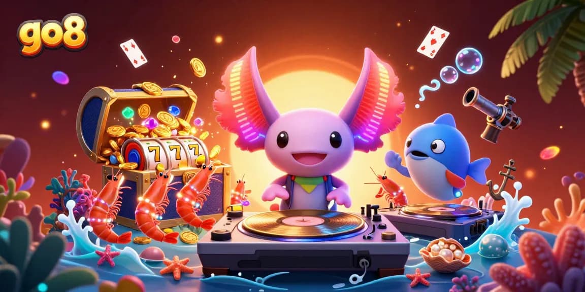 Spin to win with go8's vibrant underwater casino scene featuring neon characters and treasure.