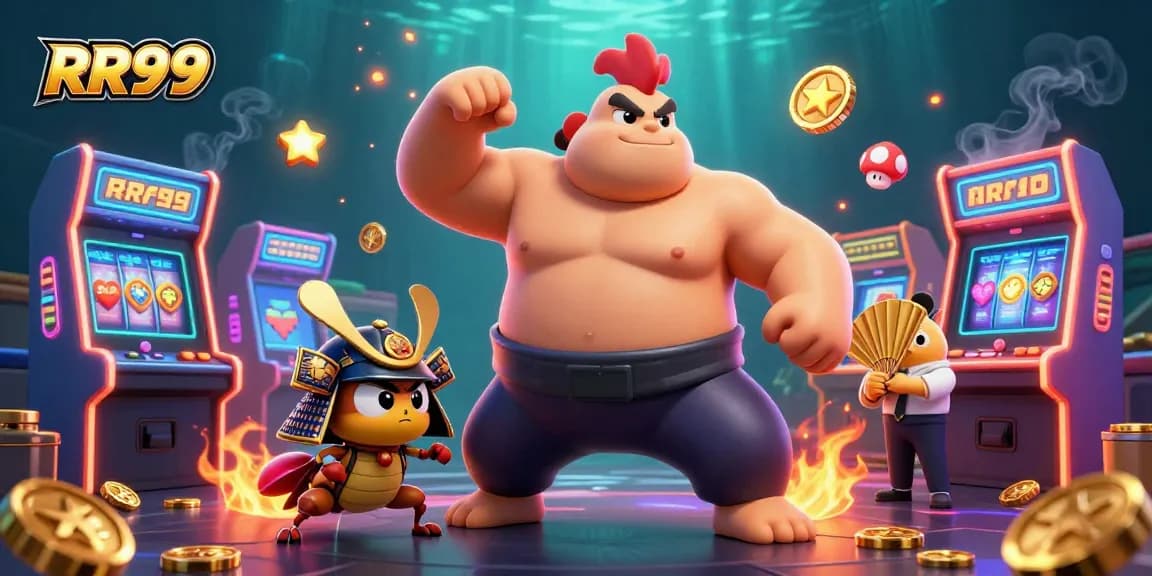Gamblers enjoy exhilarating gameplay at RR99's vibrant casino with sumo wrestler and cricket.