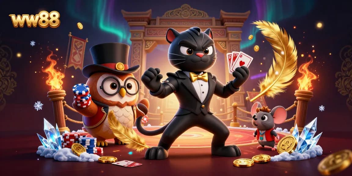 Engage in exciting gameplay at ww88 with a stylish black panther dealer, an owl holding poker chips, and a lucky mouse amidst vibrant casino elements.