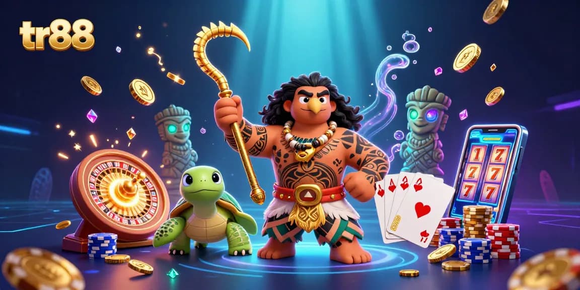 tr88 showcases dynamic casino gameplay with vibrant characters, gold coins, and roulette elements.