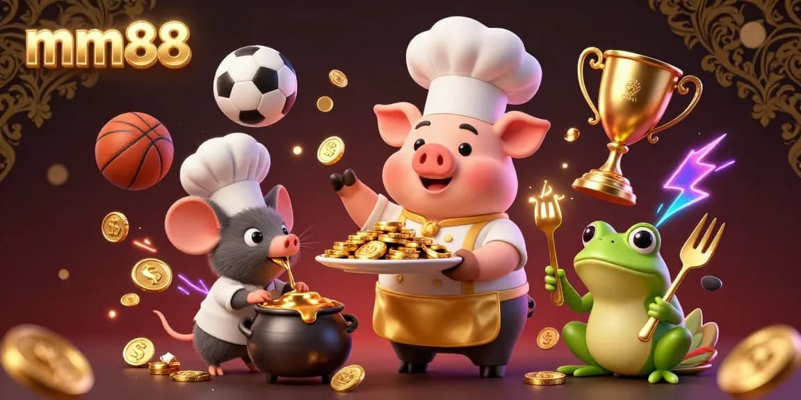 Bet on exciting rewards at mm88 with gourmet gold coins served by a pig chef amidst dynamic sports elements.