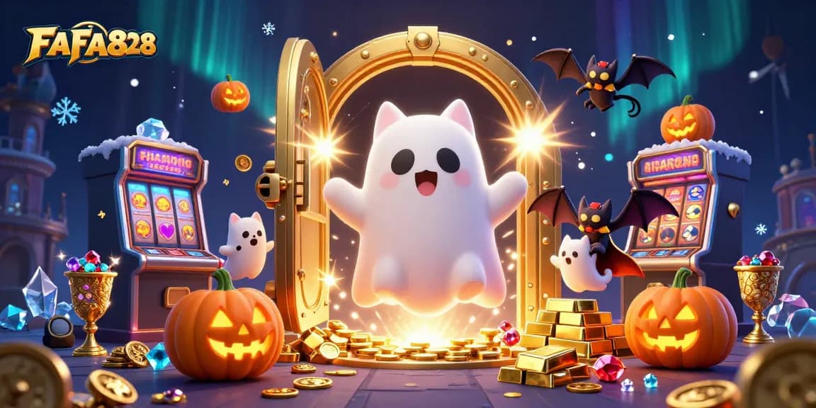 Engage with FAFA828's thrilling gaming experience featuring a ghost cat in a haunted casino scene.
