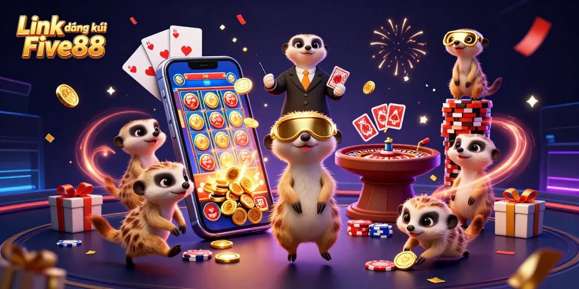 Register at Link đăng ký Five88 with exciting casino games and vibrant animations in a dynamic scene.
