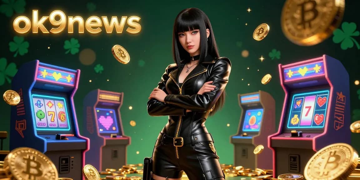 Engage with thrilling casino gameplay at ok9news, showcasing Asian female character surrounded by vibrant gambling elements.