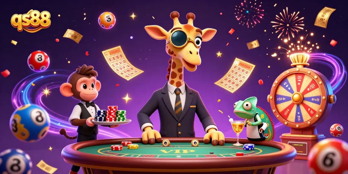 Engage in exciting gaming action at qs88 with colorful lottery balls and a high-roller giraffe!