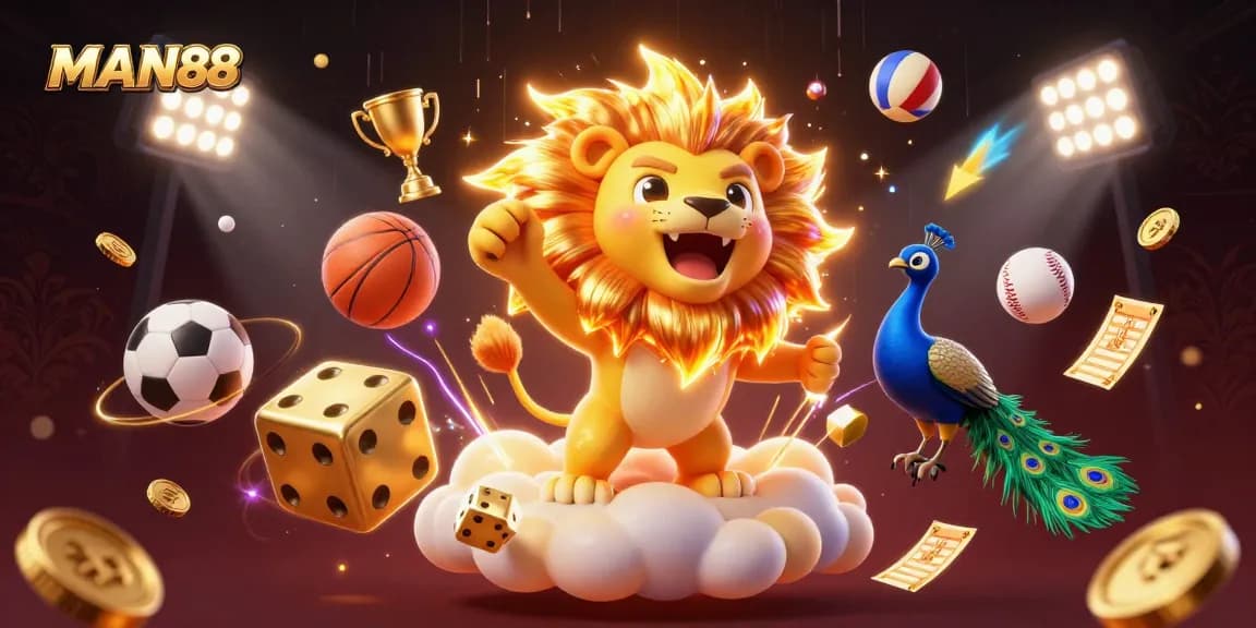 Engage with MAN88’s vibrant gambling scene featuring a powerful lion and dynamic sports elements.
