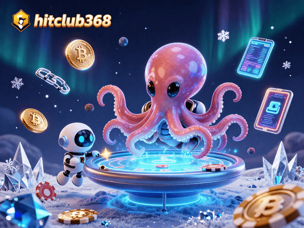 Hitclub368 showcases a vibrant 3D alien octopus at a holographic poker table amidst dynamic casino elements.