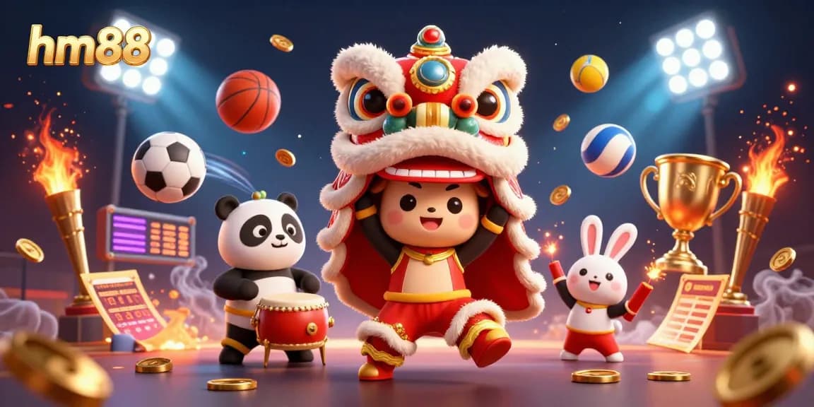 Win big with hm88’s exciting scenes of a lion dance and sports betting action!
