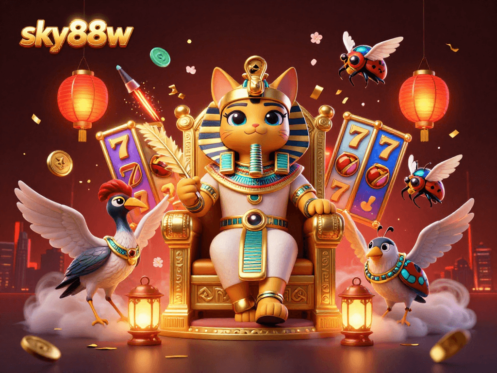 Experience excitement with sky88w illustrated in a vibrant casino scene of Egyptian cats and gaming elements.