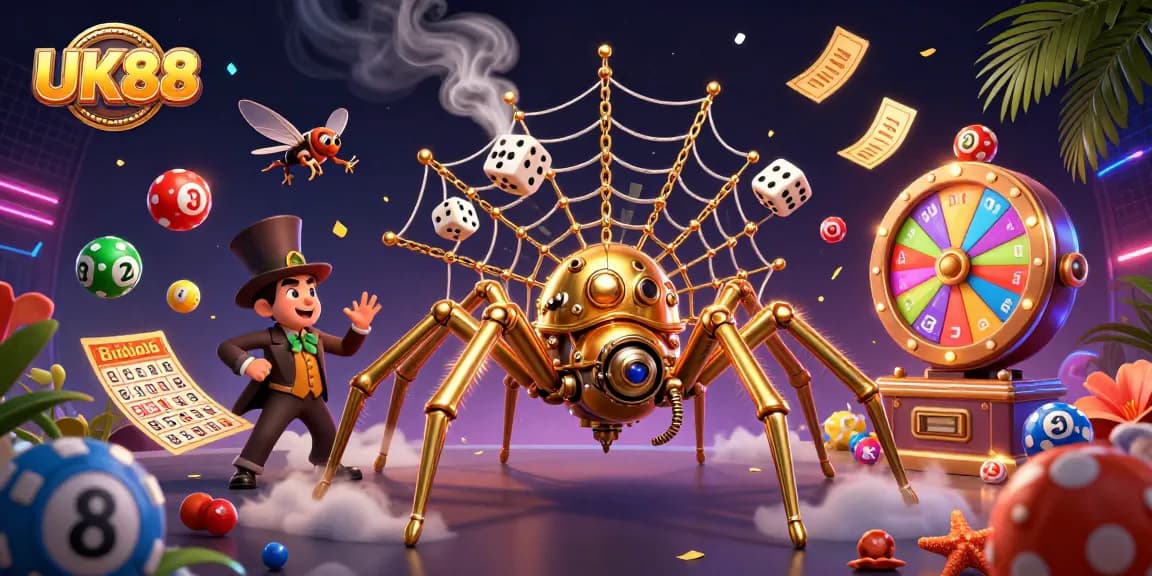 UK88 showcases a lively casino scene with a steampunk spider and entertaining lottery elements.