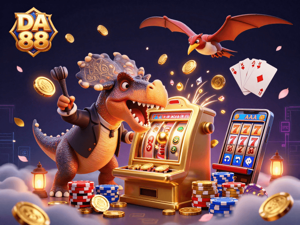DA 88 slots come alive as a pachycephalosaurus headbutts a golden machine, cashing out coins.
