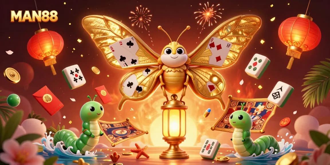 Experience top-tier gaming at MAN88 with a vibrant 3D illustration showcasing the lavish casino atmosphere and iconic symbols.