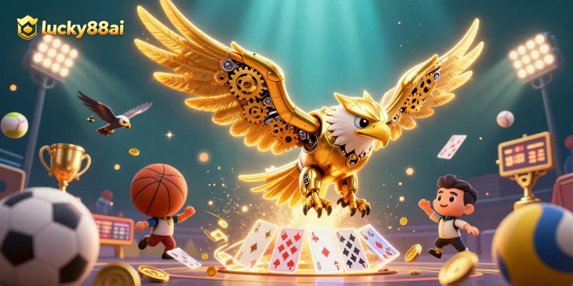 Engage in vibrant gambling action at lucky88ai with a dynamic golden eagle diving through holographic cards.