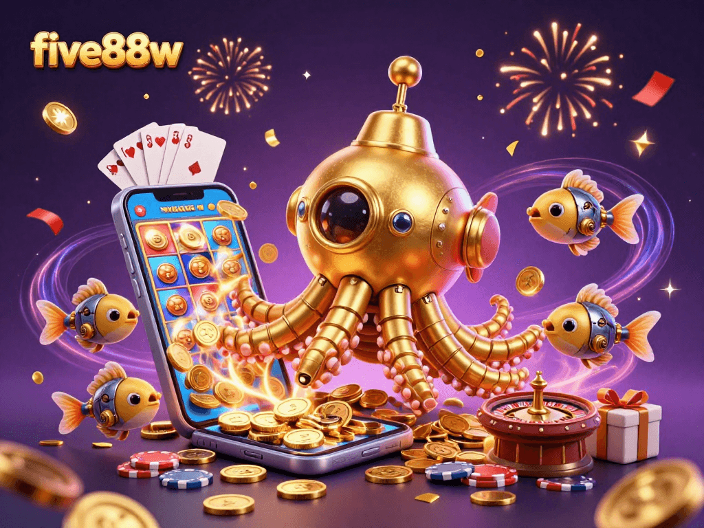Experience five88w's winning excitement with a 3D golden kraken submarine in a vibrant casino world!