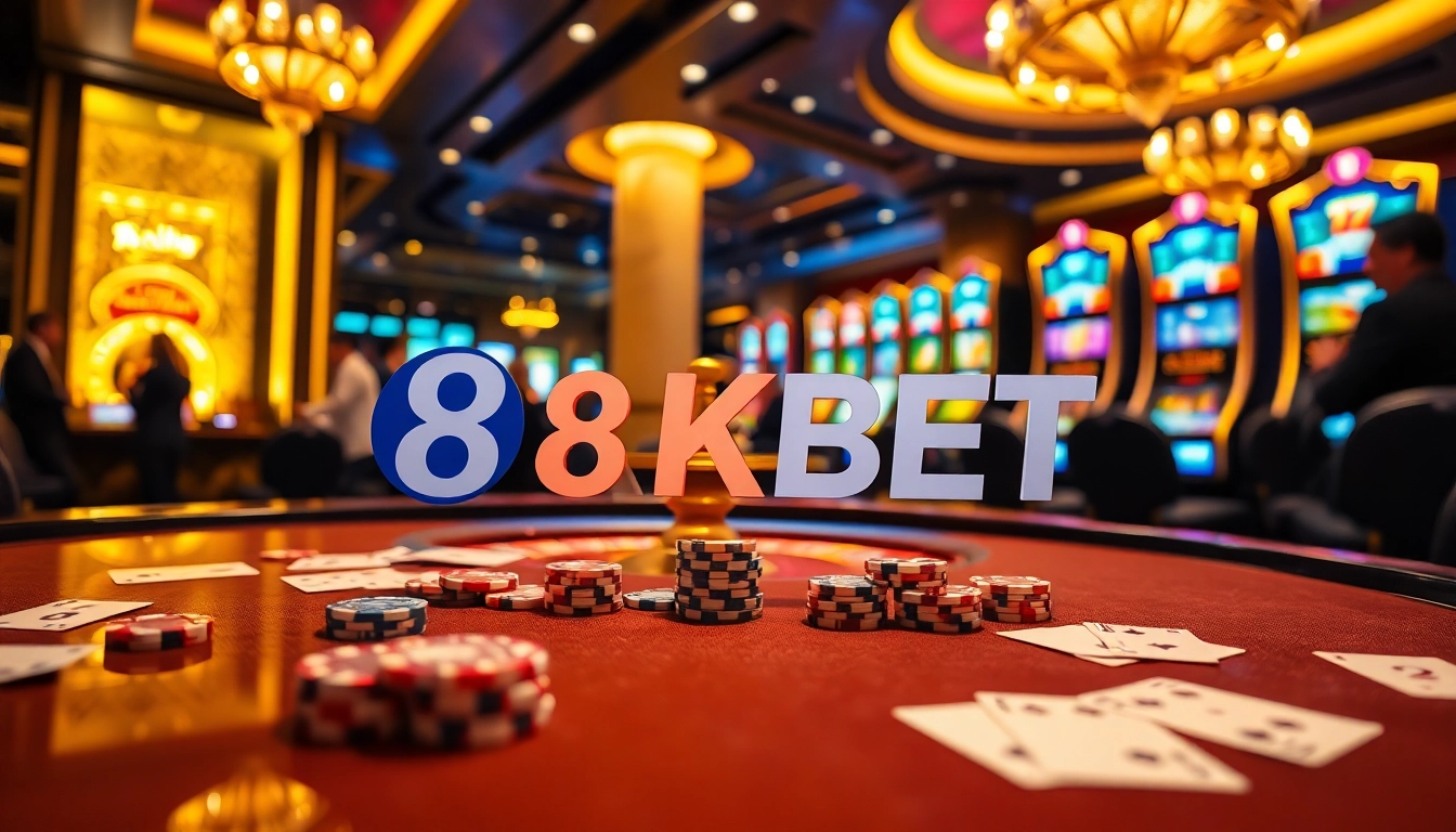 Experience thrilling gameplay at 8KBET with captivating casino tables and vibrant gambling scenes.