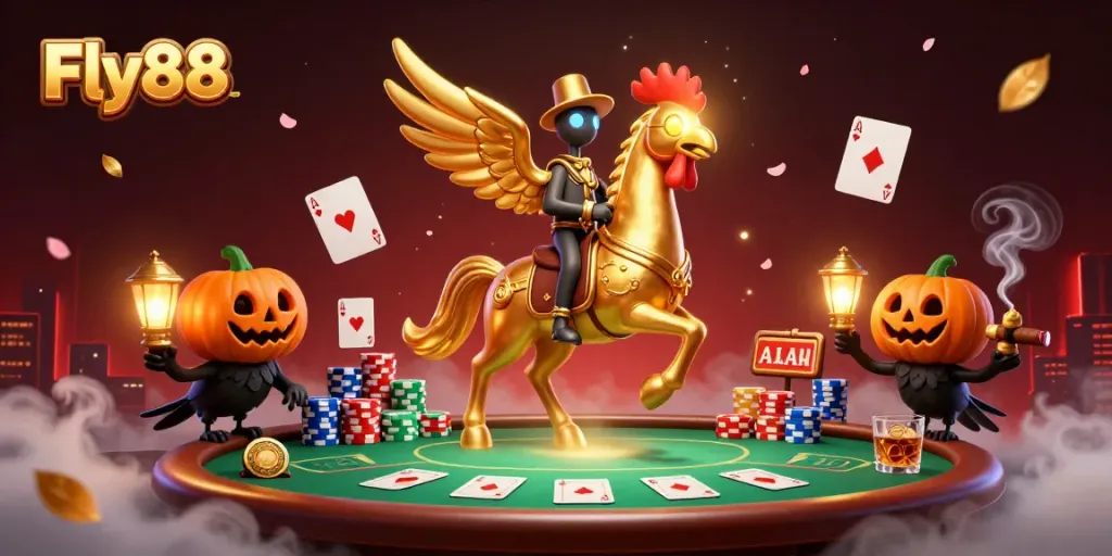 Experience excitement at Fly88 with a golden rooster in a majestic casino scene filled with vibrant poker elements.