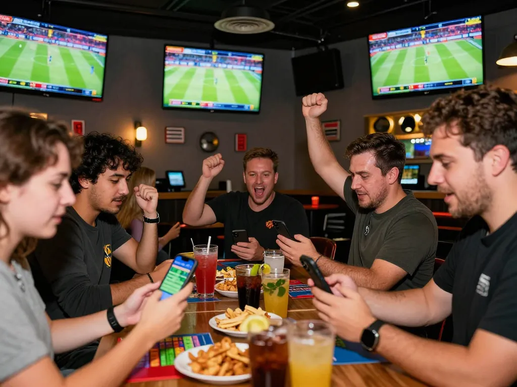 Patrons engaging in lively sports betting at a bar using tic88 mobile app, cheering with drinks and screens around.