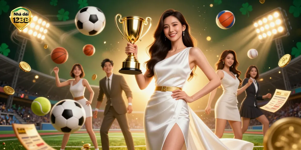 Experience the thrills of Nhà cái 123B with a confident victor wielding a golden trophy amid sports betting excitement.