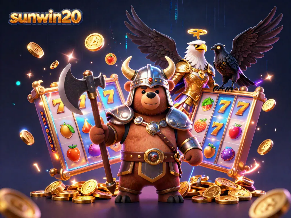 Experience thrilling slots action with sunwin20, featuring a Viking bear and Valkyrie in a vibrant gaming scene.
