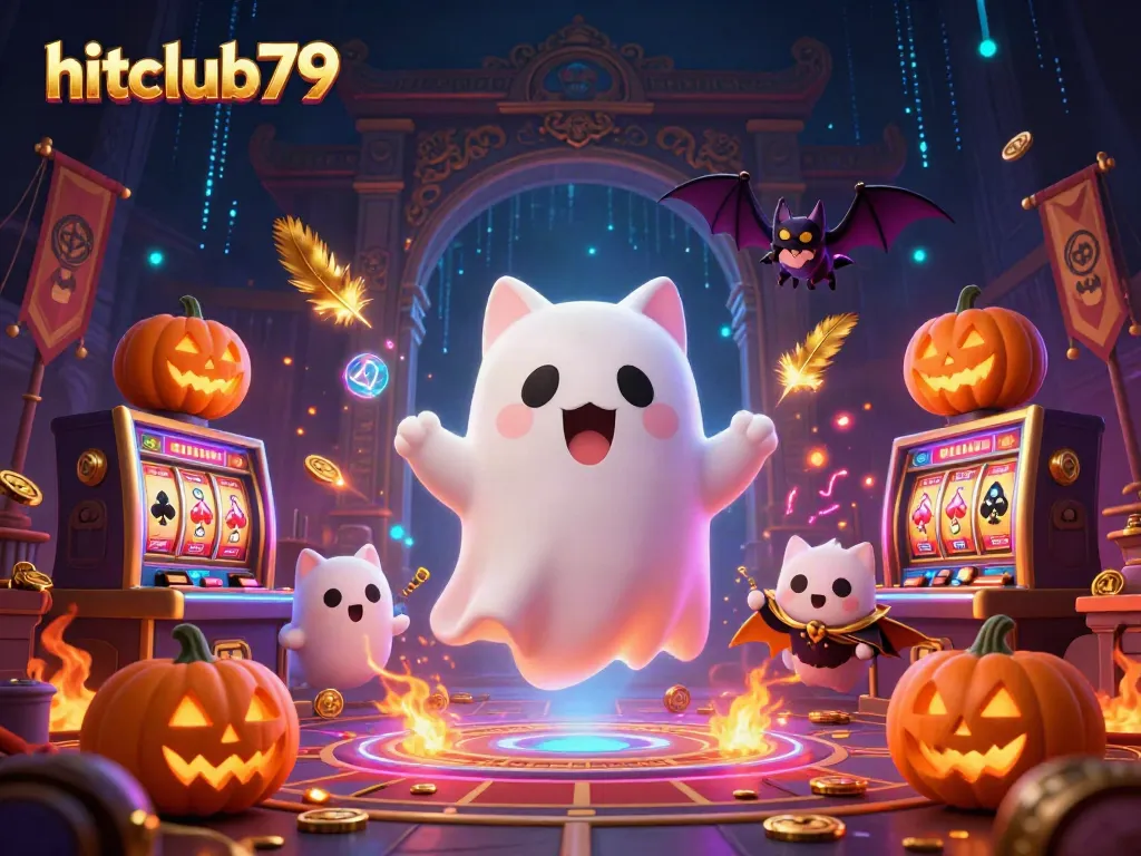 Experience thrilling gaming with the ghost cat and bat in hitclub79's haunted casino adventure.