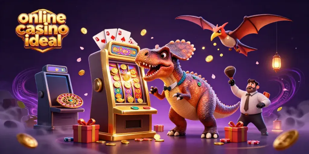 Experience the excitement of online casino ideal with a pachycephalosaurus celebrating a jackpot, surrounded by colorful game elements.
