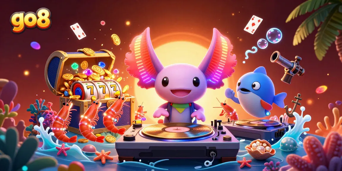 Spin to win with go8's vibrant underwater casino scene featuring neon characters and treasure.