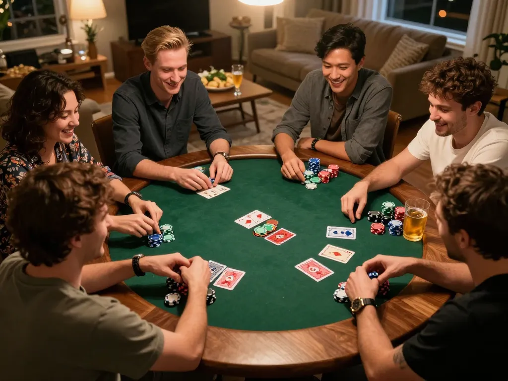 Players enjoying poker night with chips and cards at a home setting showcasing Nhà cái Jun88's gaming spirit.