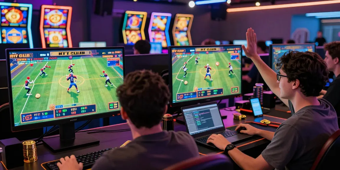 Exciting gaming atmosphere at HIT CLUB with players engaging in online betting and celebrating wins.