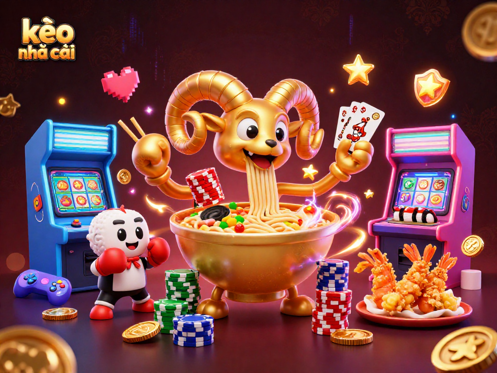 Engage with kèo nhà cái in this vibrant scene featuring a giant ramen bowl casino character.