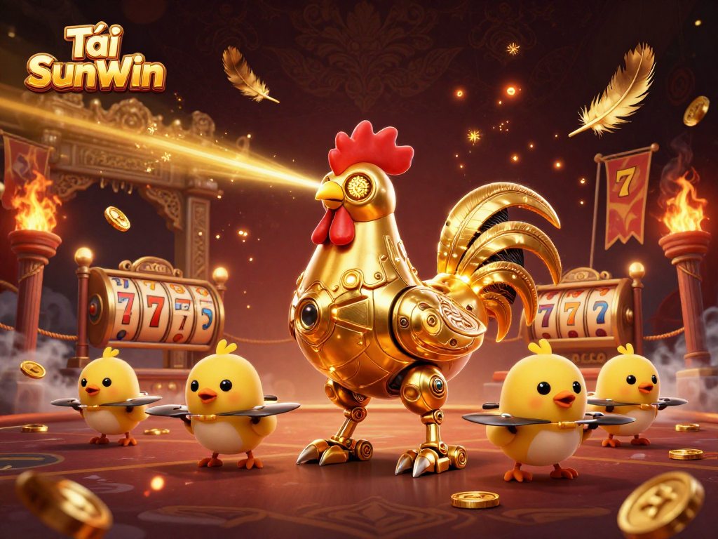 Tải SunWin showcases a golden rooster robot in a vibrant casino scene with slot reels and cascading coins.