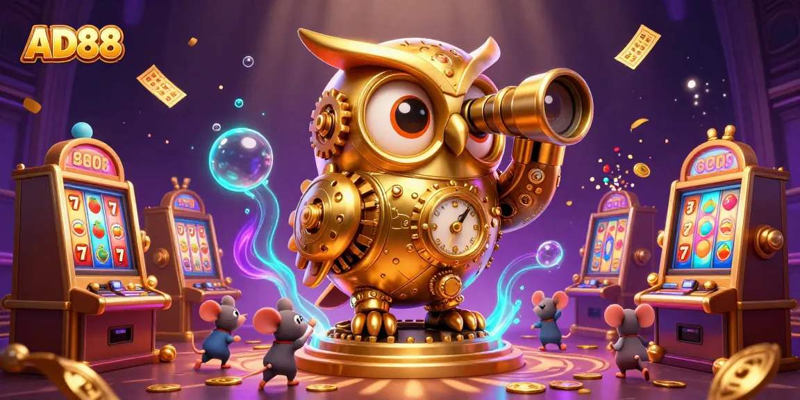 Experience AD88's vibrant casino scene with a clockwork owl and lively slot machines.