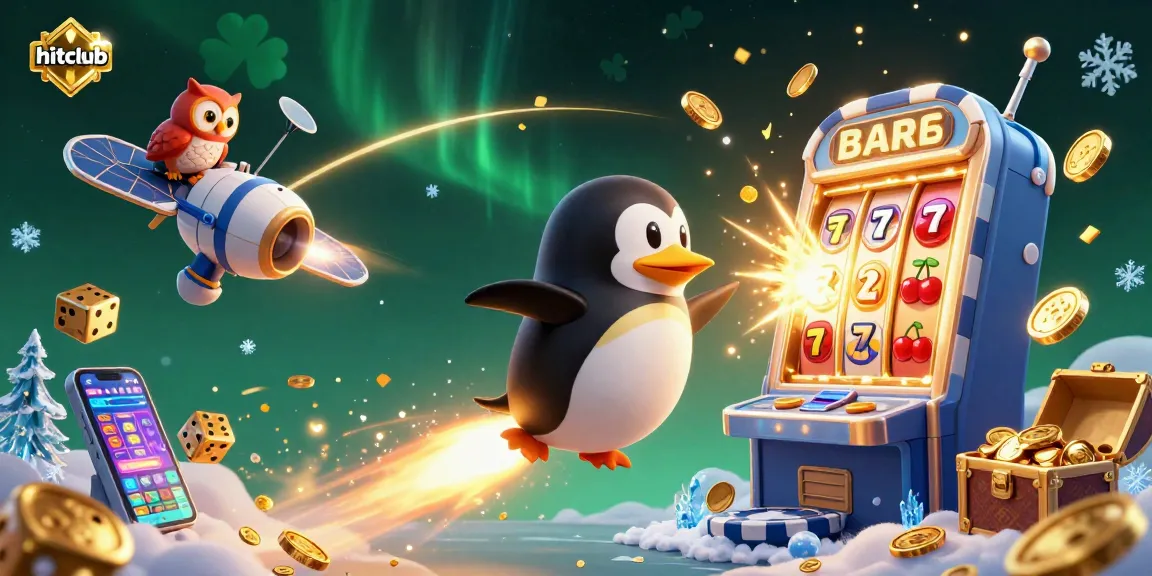 Experience the thrill of hitclub with a penguin and casino elements in an exciting illustration.