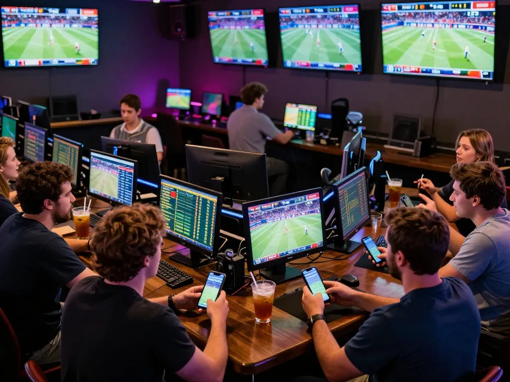 rik88 players engaging in live sports betting at a vibrant bar with smartphone odds