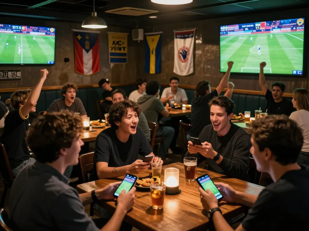 Engaging atmosphere of sports fans placing bets soi kèo bóng đá during a live soccer match at a sports bar.