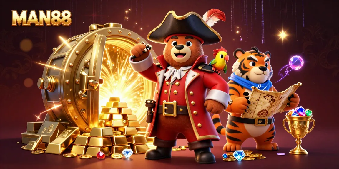 MAN88 casino adventure featuring a pirate bear, tiger, and treasure map in action.