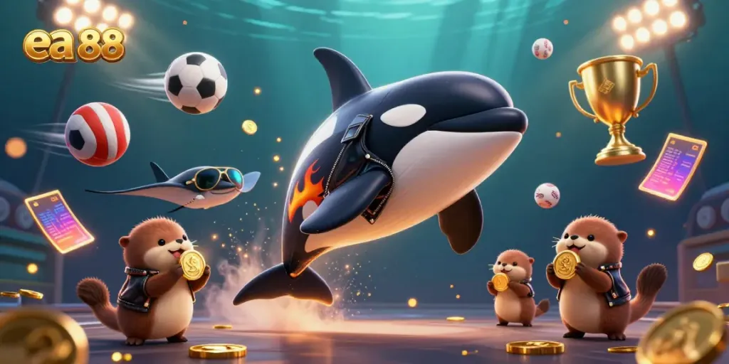 Engage with ea 88 through this vibrant scene showcasing animated sea creatures celebrating a big win.