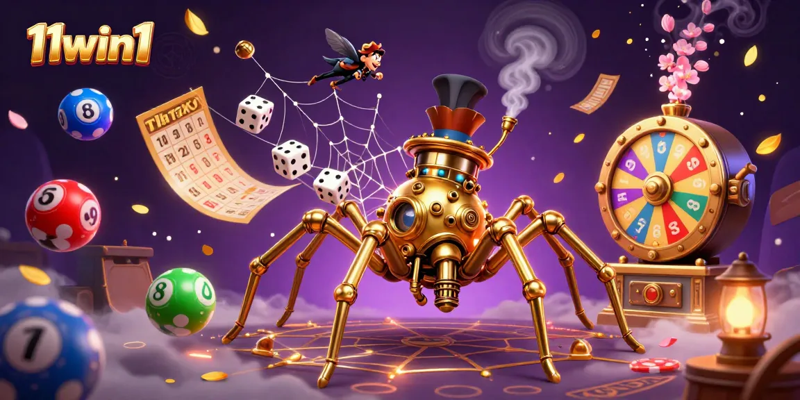 11win1 illuminates a steampunk spider web with vibrant lottery elements in dynamic casino illustration