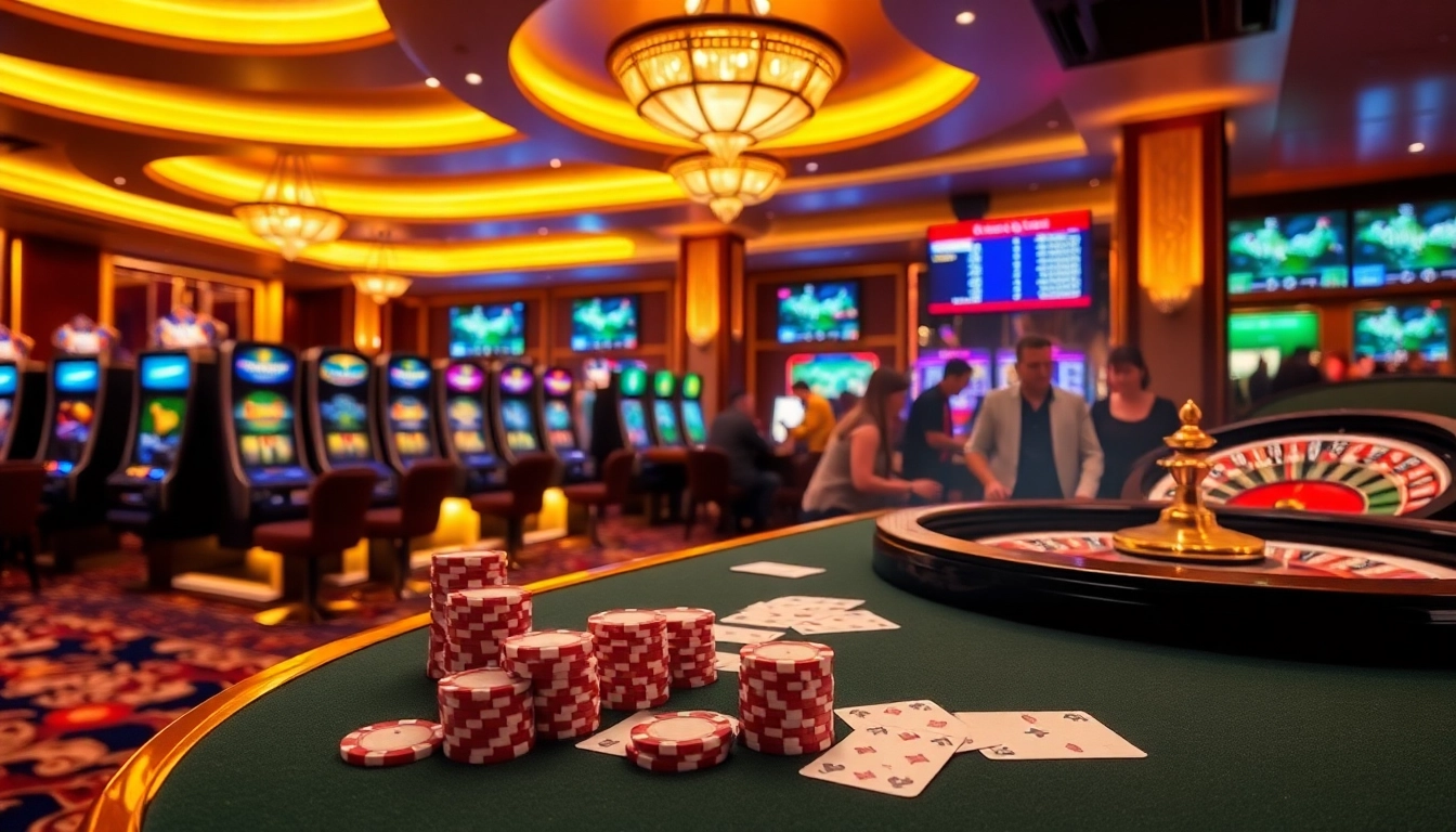Experience the excitement of SKY88 with vibrant casino tables and engaged players in a luxurious setting.