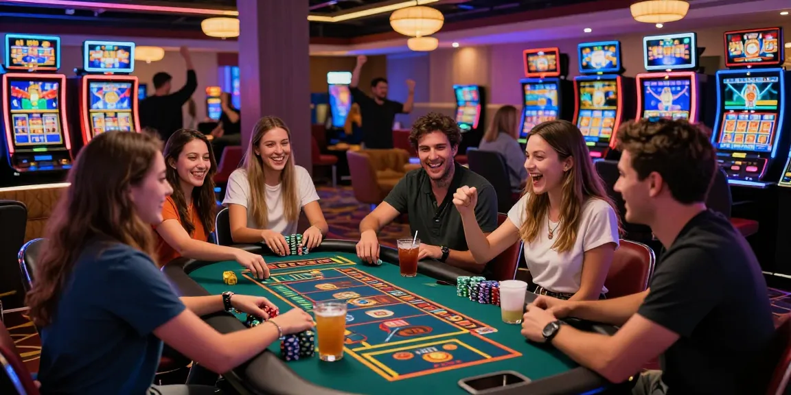 Exciting gaming scene at MMOO.COM casino with friends celebrating wins and vibrant atmosphere.