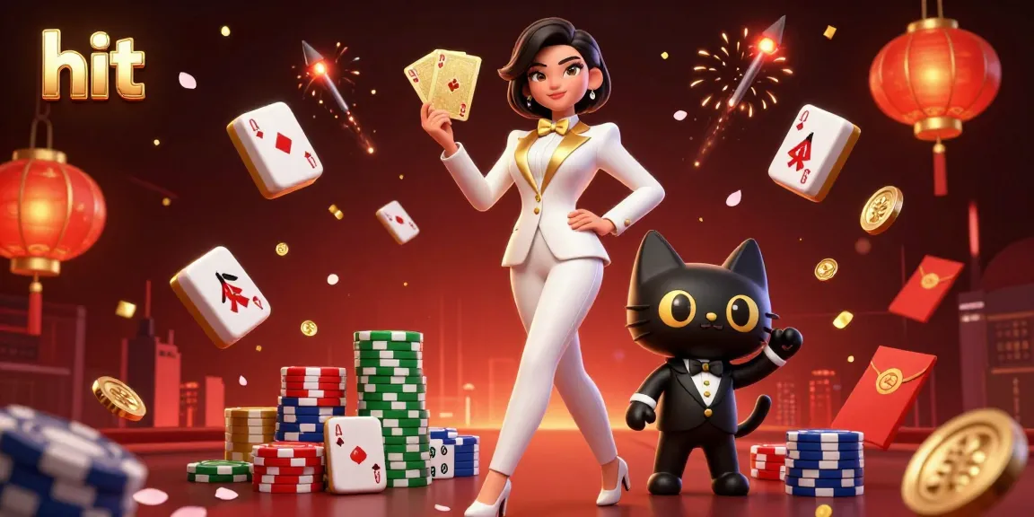 Experience thrilling wins with hit in this vibrant casino illustration showcasing a stylish woman and playful cat.